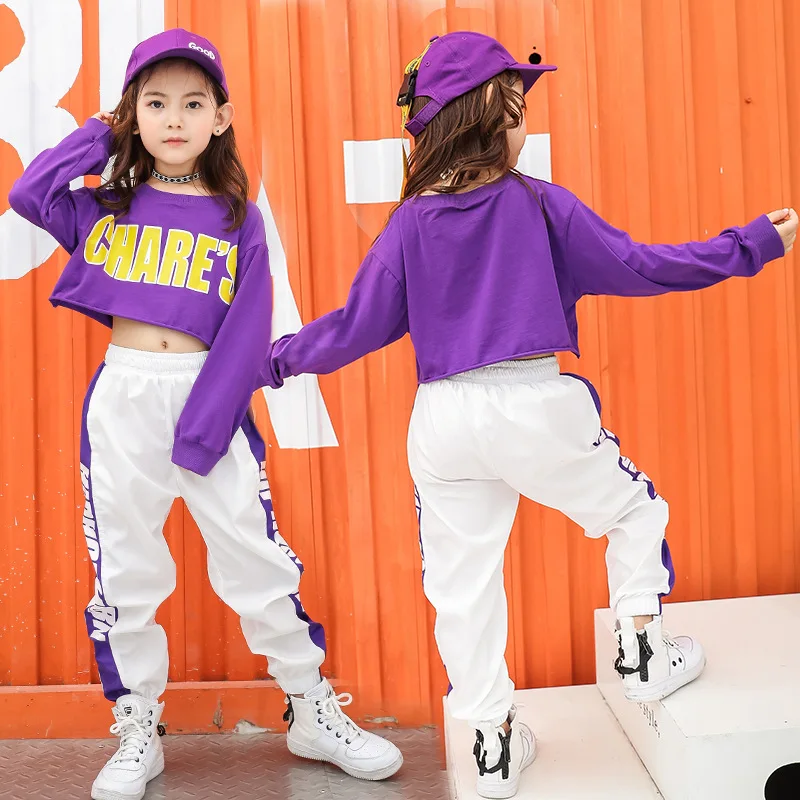 Traje de actuación de baile de Jazz para niñas, ropa de calle para niños, ropa de Hip Hop, trajes de manga larga, Sudadera corta, pantalones de Jogger