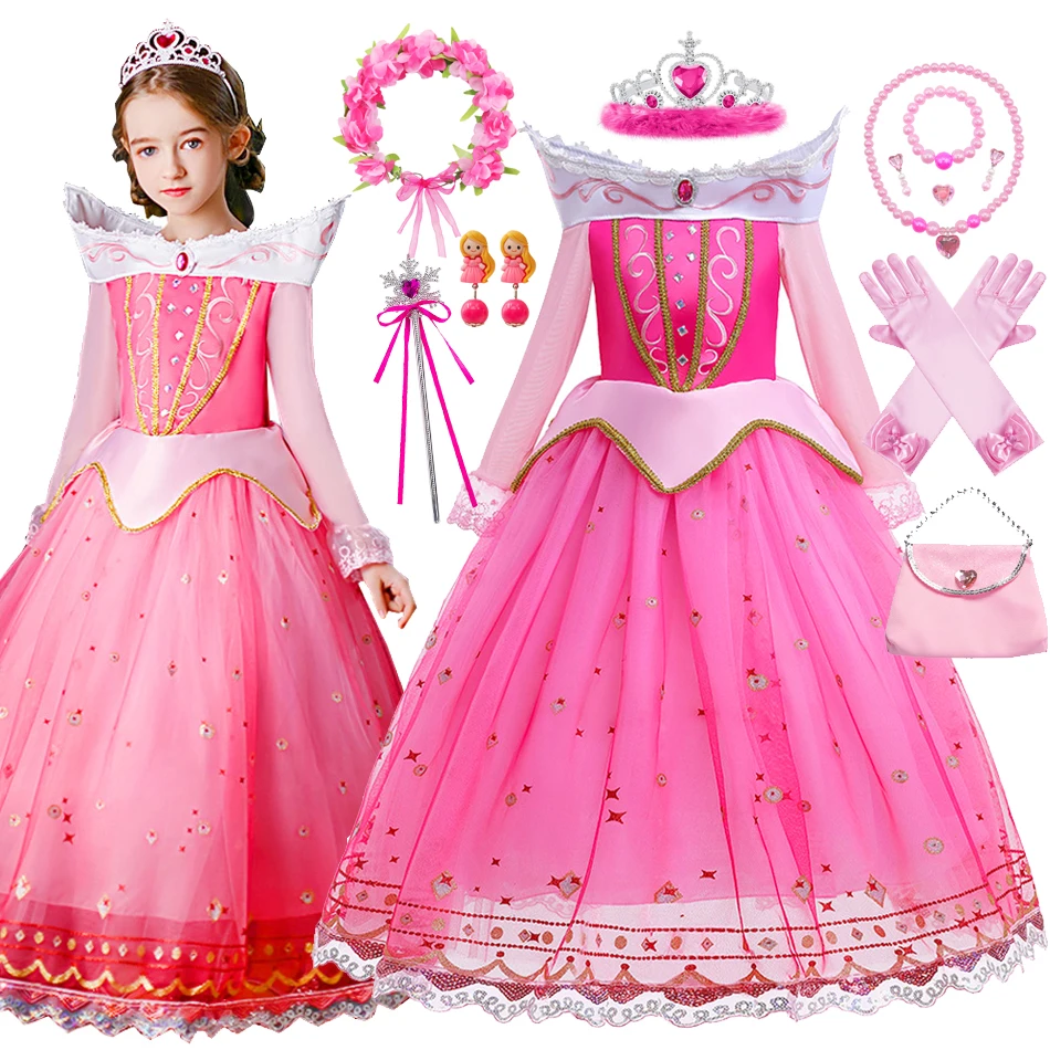 Sleeping Beauty Dress Girl Aurora Princess Clothing Long Sleeves Off Shoulder Lace Robe Kids Gorgeous Christmas Gift Fancy Dress