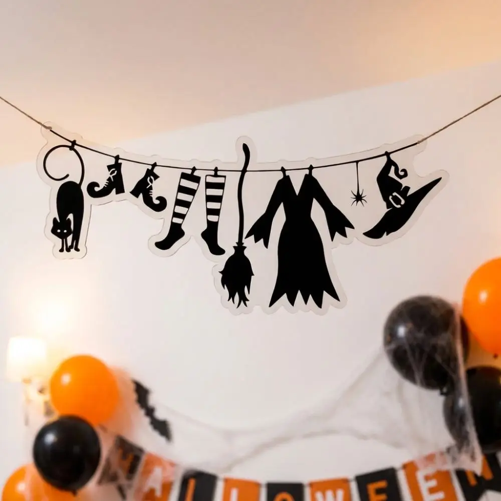 Acrylic Halloween Witch Hat Wall Art Black Cat Spider Spooky Witch Cloak Hat Party Bunting Funny Minimal Witch Backdrop Wall