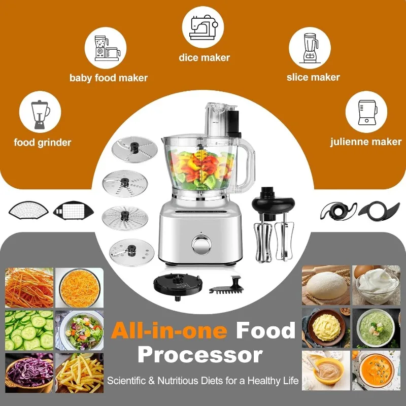 Robot culinaire 16 tasses en aluminium moulé sous pression, 5 modes préréglés, hachoir à légumes électrique