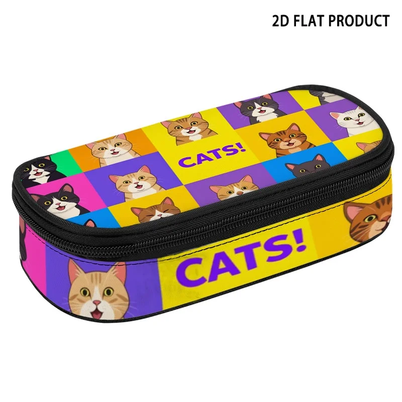 Colorful Grid Cartoon Cat Print Pencil Case, Polyester Pencil Pouch with Zipper Compartment, Cute Cat Pattern Stationery Bag