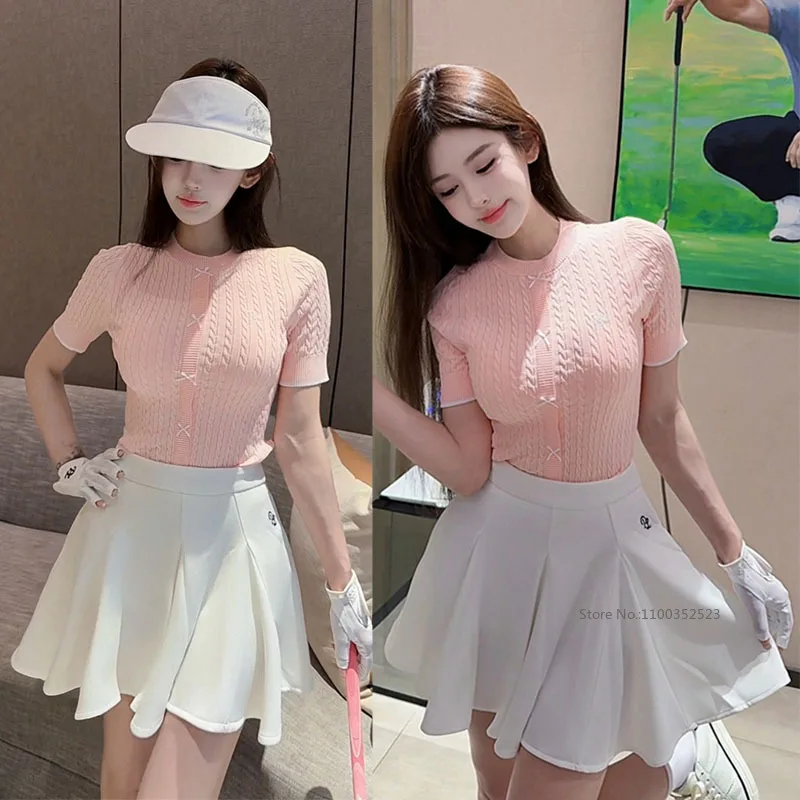 PL New Golf Women Knitted Shirts Summer Thin Short Sleeve Tops Round Neck Slim T-Shirts Tennis Ruffle Golf Skirt for Ladies