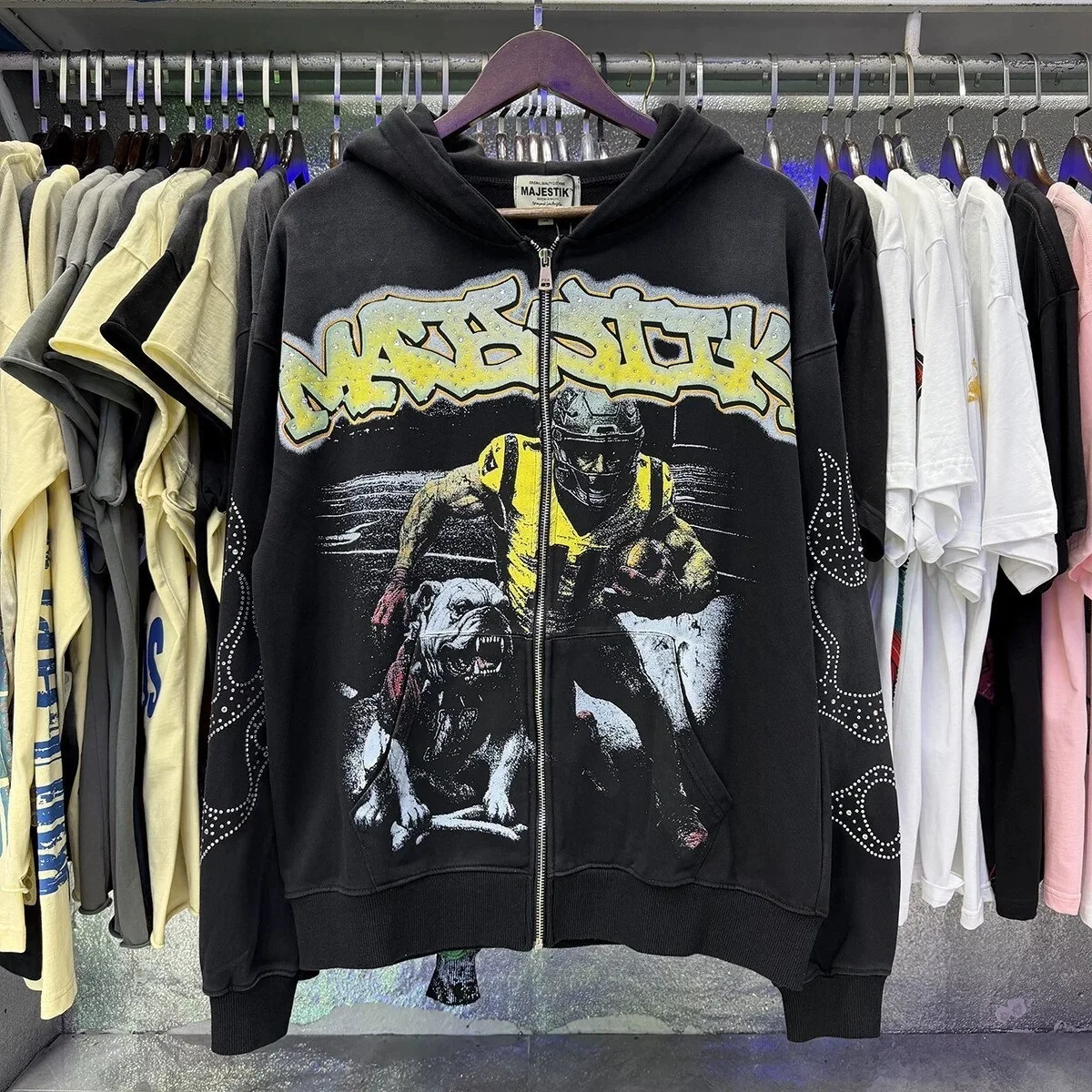 MAJESTIK American Street Style Cap-Plush Zip Pullover Sweater with Loose Embroidered Print Casual Coat Autumn