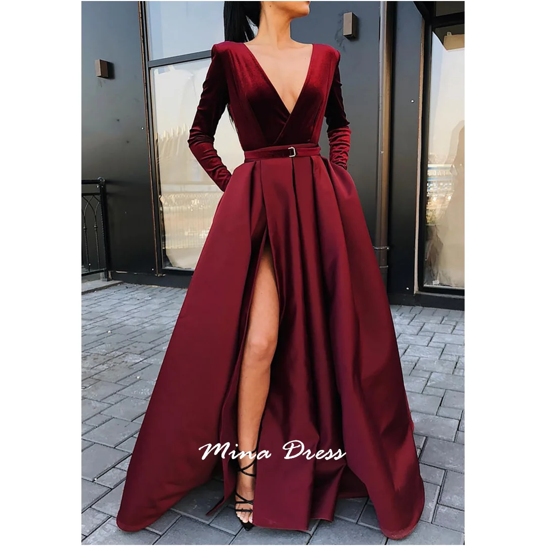 

Mina Customized Belt Formal Occasion Dresses for Special Occasions High Slit Evening Dress Luxury Elegant Party Dress V-neck