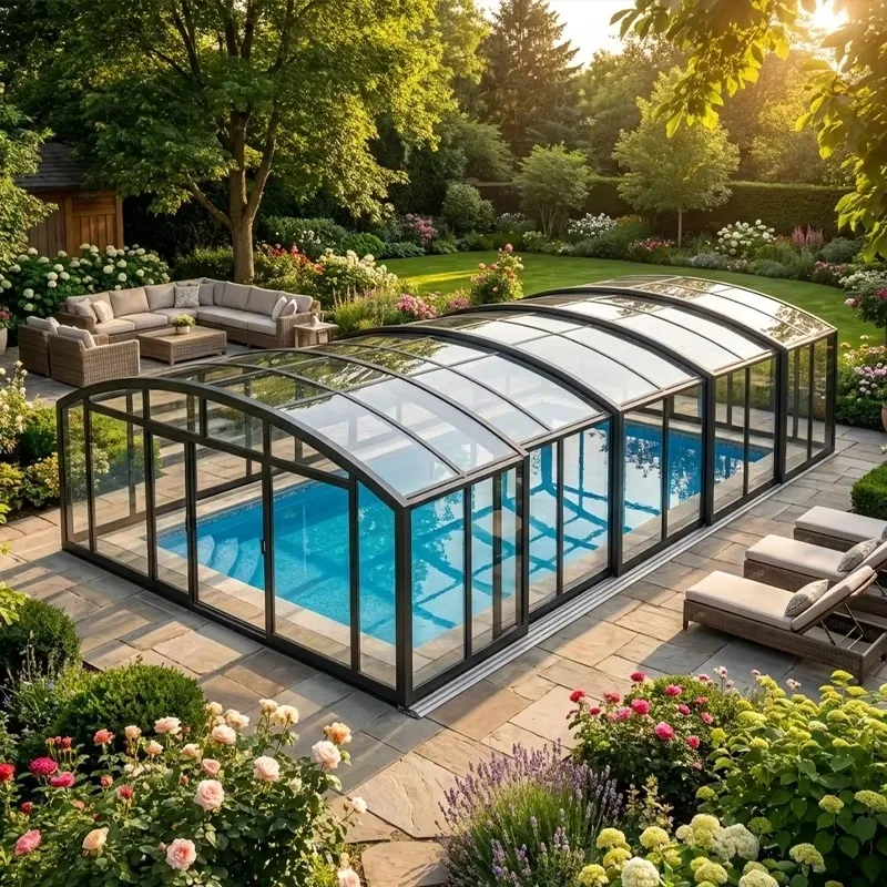 Premium Retractable Pool Glass Sunroom With Motorized Sliding System Durable Aluminum Easy Installation For Outdoor Pool
