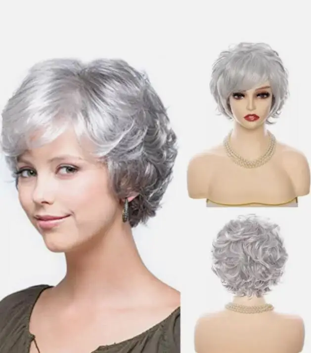 Ladies Wigs Women's Wig Short Silver Grey Natural Hair Curly Wig Cosplay