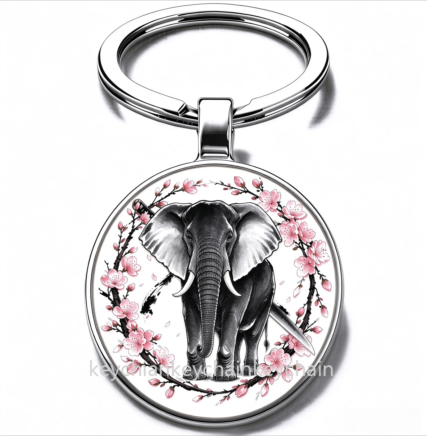 Japanese Elephant Cherry Blossom Katana Keychain Samurai Sword Sakura Wreath Key Ring Car Bag Pendant Men Gift
