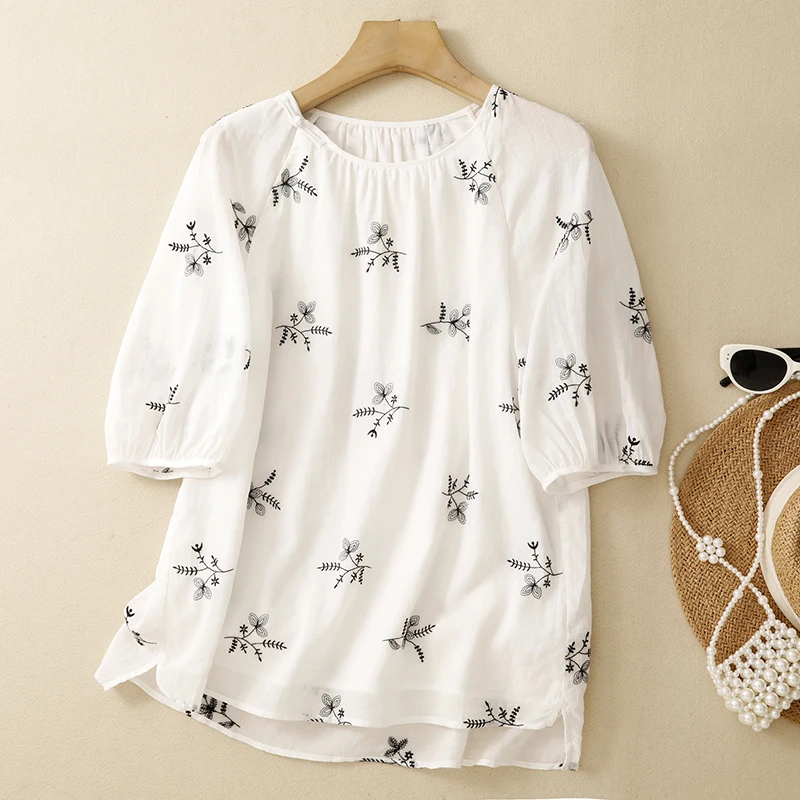 

Loose Cotton Linen Women's Base Shirt Embroidered Button up Slimming Top Summer New Style Commute Artistic Style Short Sleeve