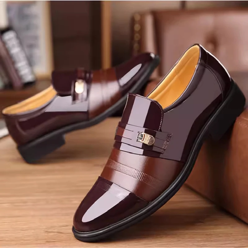 

Mens Formal Two Tone Patent Leather Loafers Pointed Toe Slip On Shoes With Metal Buckle Low Heel Comfortable Non Slip Breathable