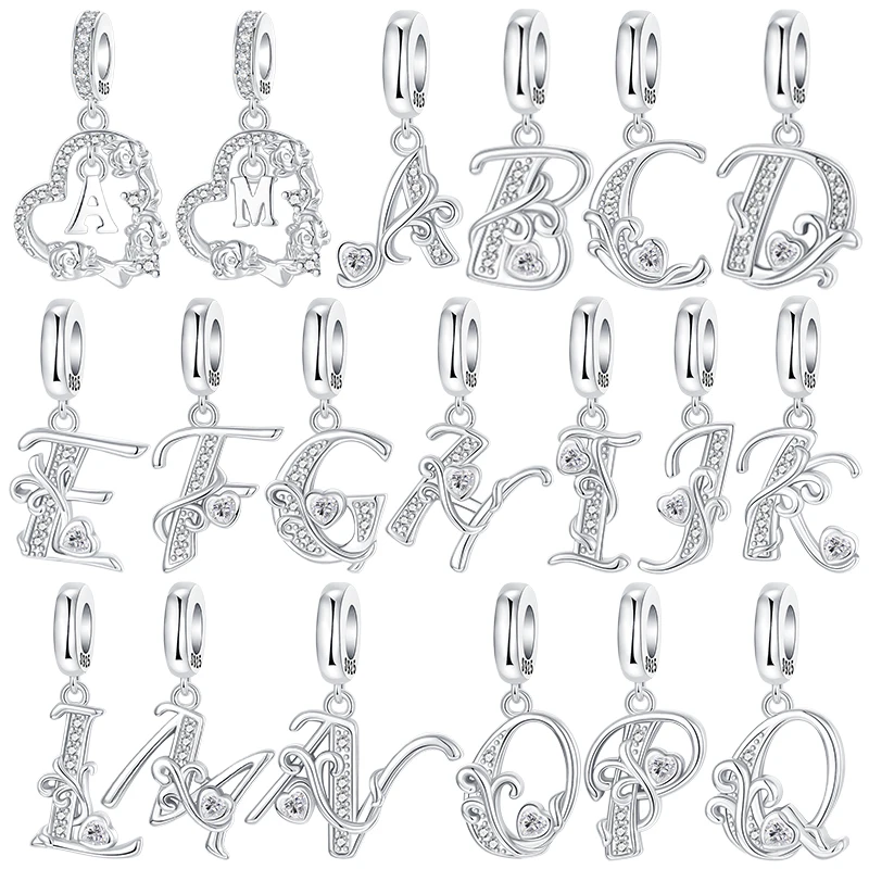 

Alphabet Letter Charms Initial A-Z Beads 925 Sterling Silver Heart Vine Pattern Fit Bracelets Personalized Pendant for Women