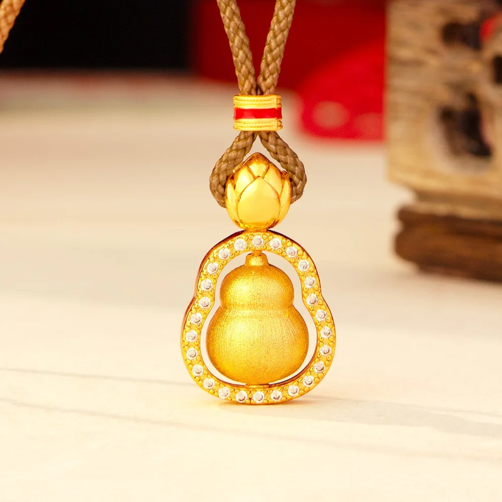 Brushed silk inlay lotus fat gourd necklace senior feeling retro Fu Lu 9999gold