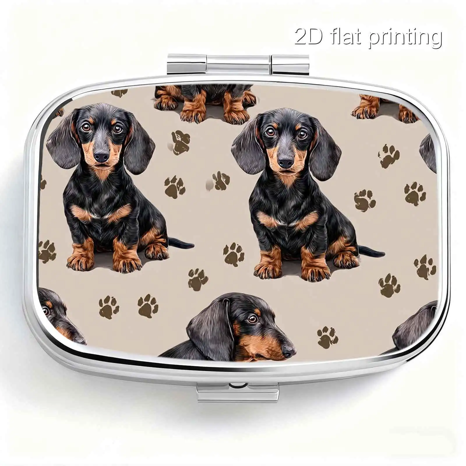 Realistic Black and Brown Dachshund Paw Prints Printed All Over, with Warm and Cute Cartoon Pet Designs, Square Two-Compartment Small Pill Box, Portable Medicine Storage, Small Jewelry Storage, Suitable for Handbags or Travel, Holiday Gifts, Souvenirs, Prizes, Small Gifts, Suitable for Personal Use or as an Exquisite Gift Option