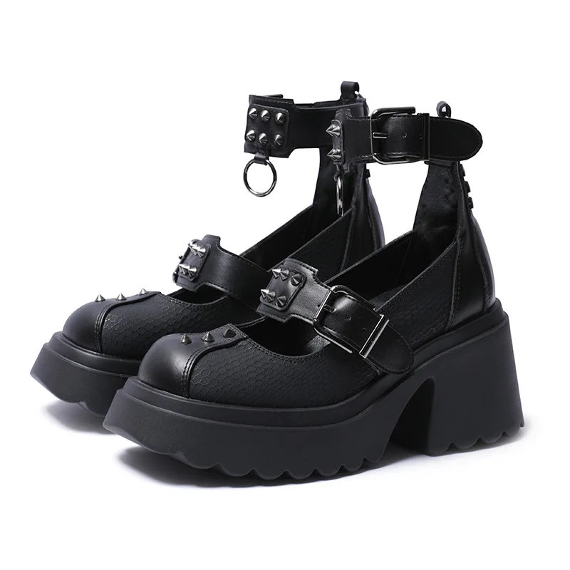 

2026 Thick-soled Foot Ring Trip Strap Punk Mary Jane Women's Rivets Belt Buckle Thick Heel Single Shoes