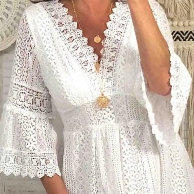 Spring Summer High Waist White Dresses Women Vestidos Elegant Flare Sleeve Dress New Casual V-neck Hollow Out Lace Dress 28307