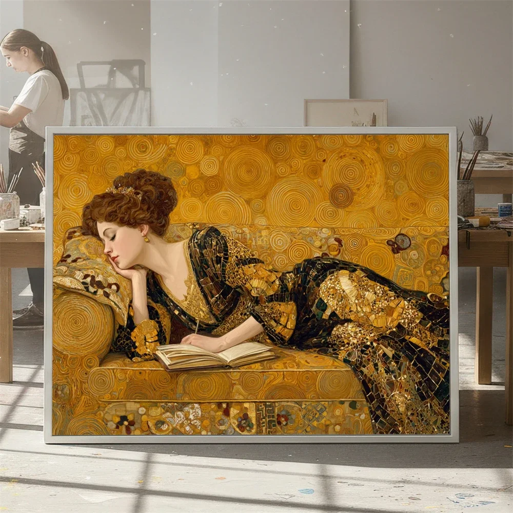 Multiple sizes 1pc frameless Canvas Painting,Gustav Klimt Reclining Woman Canvas Painting Nouveau Wall Art Elegant Reading Scene
