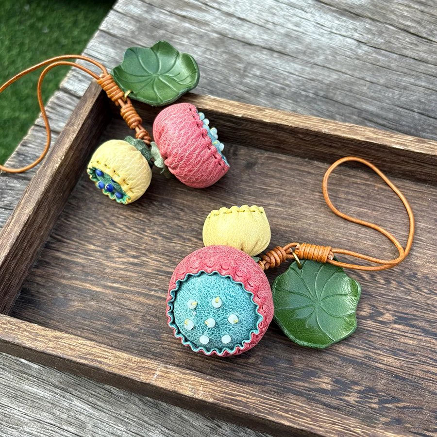 Lotus Flower Bag Charm Creative Vintage Decorative Genuine Leather Bag Pendant Best Friend Gift Artistic Chinese Style Accessory