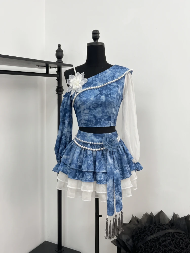 Gothic Retro High Waist 2 Piece Set Women One Shoulder Mesh Sleeve Crop Tops+ Mini Skirt Female Chic Korean Fashion Outfits