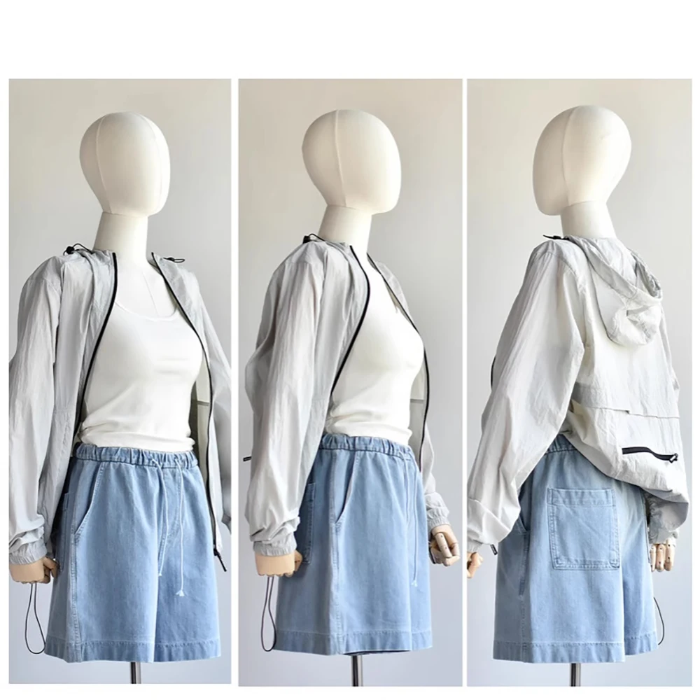 女性ライトブルーデニムショーツ夏アメリカンスタイル巾着ウエストゴムホットパンツ女性カジュアルルーズワイドレッグショーツ