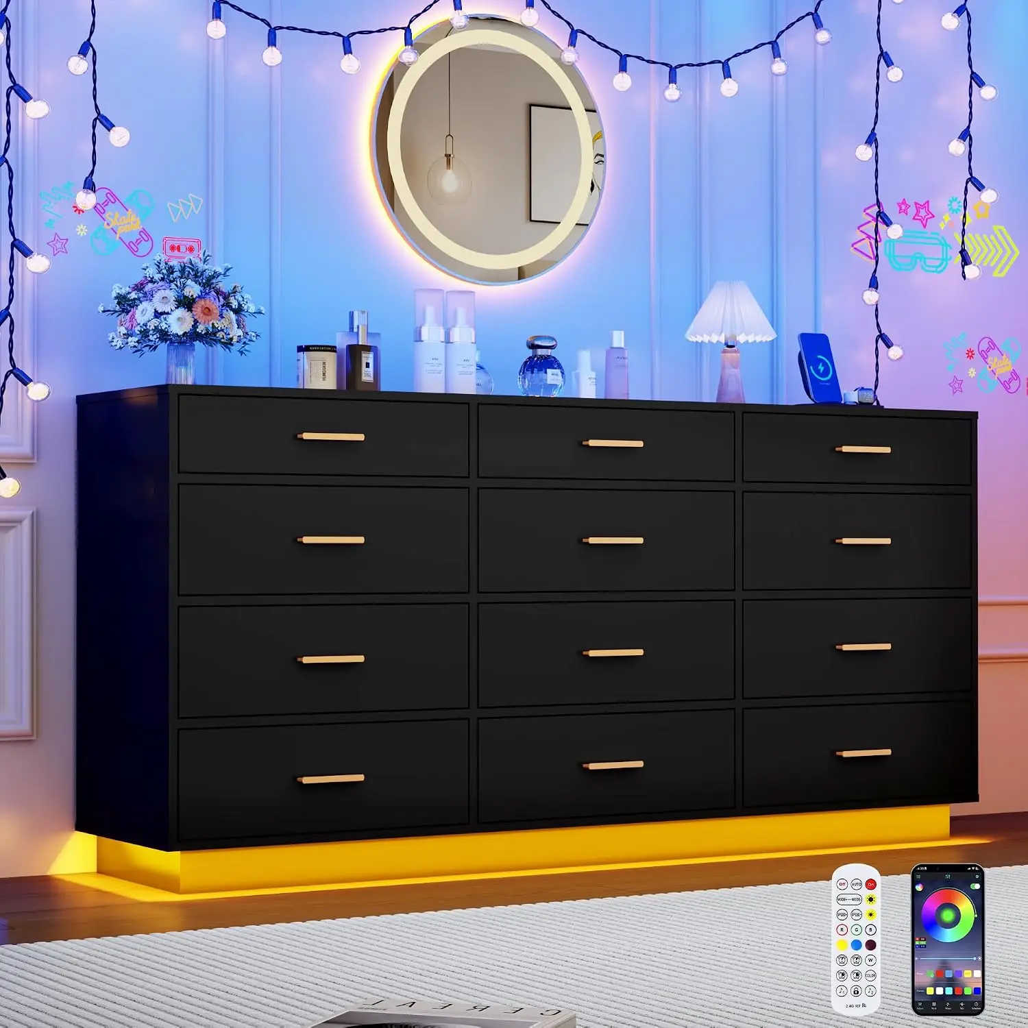 12 Drawers Dresser W/Power Outlets & LED Lights, 63inch Wood Storage Organizer for Bedroom Closet Hallway, Customized