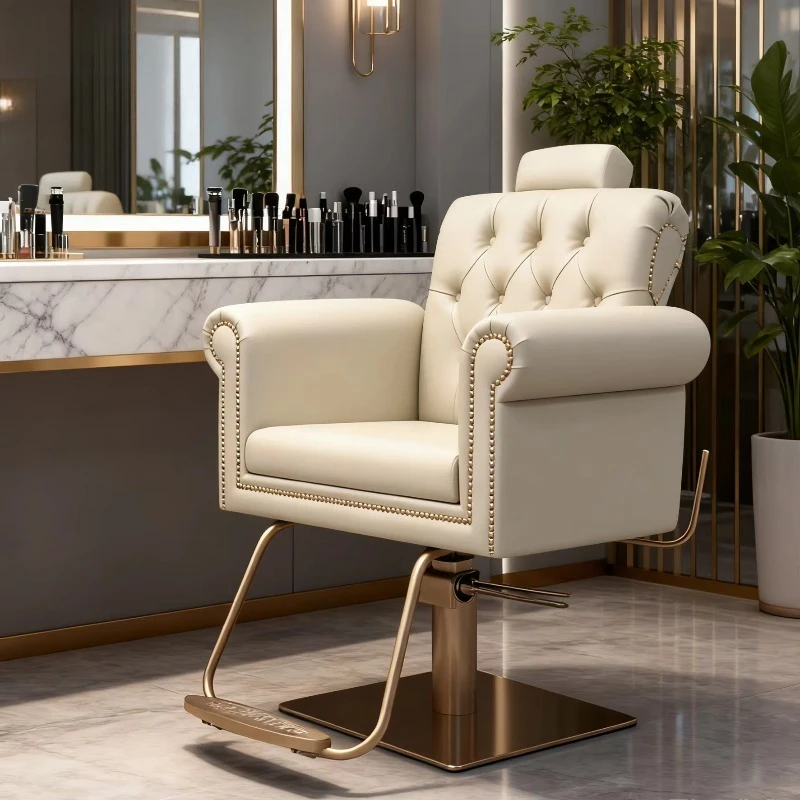 French Style Barbershop Salon Styling Chair Gold Metal Salon Chair Furniture Hydraulic Reclining Hairdressing Chair