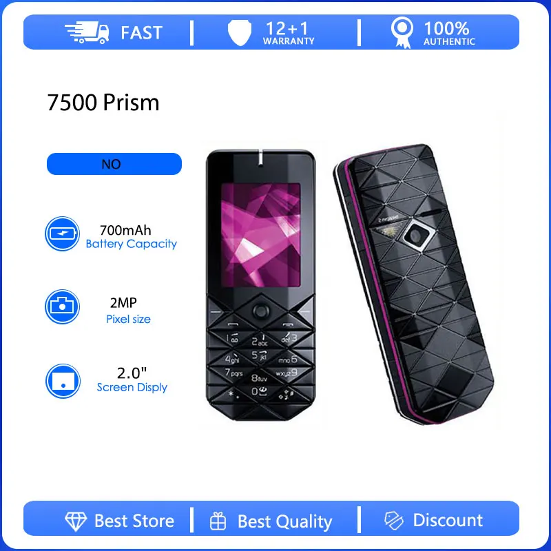 Refurbished Original 7500 Prism 2G Single Sim Unlocked GSM 900/1800 Mobile Phone Russian Arabic Hebrew Keyboard Made in Finland