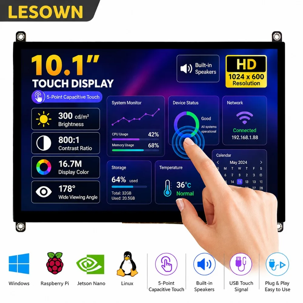 LESOWN 10.1 inch IPS LCD Assembly 1024x600 HDTV Dual Speakers Capacitive Touch Plug and Play for Raspberry Pi 4