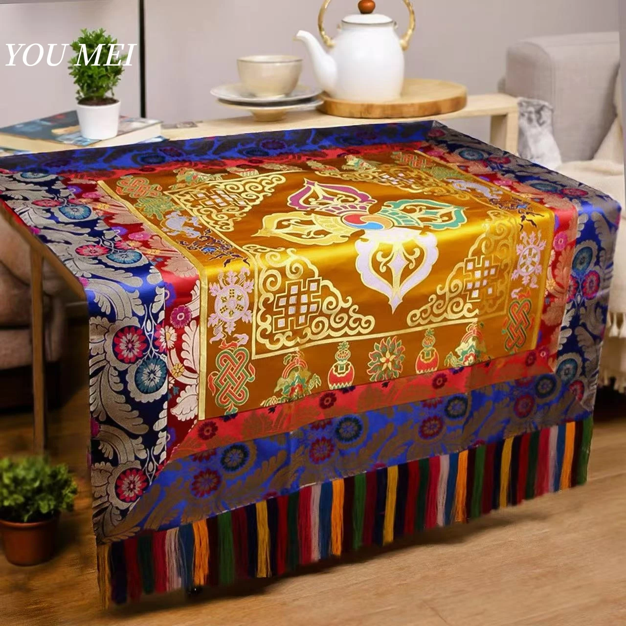 

Tibetan Altar Ritual Cloth,Embroidery Ten Sutra Vajra Table Cloth Woven Satin Flower Pattern,Thickened Buddha's Throne Cushion