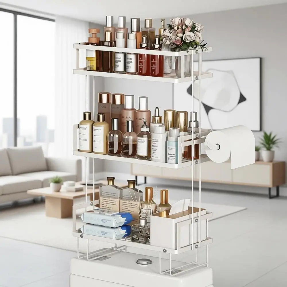 

3-Tier Toilet Storage with Paper Holder and Hooks, Elegant Home Decor for Moms, Perfect for Mother's Day (White)