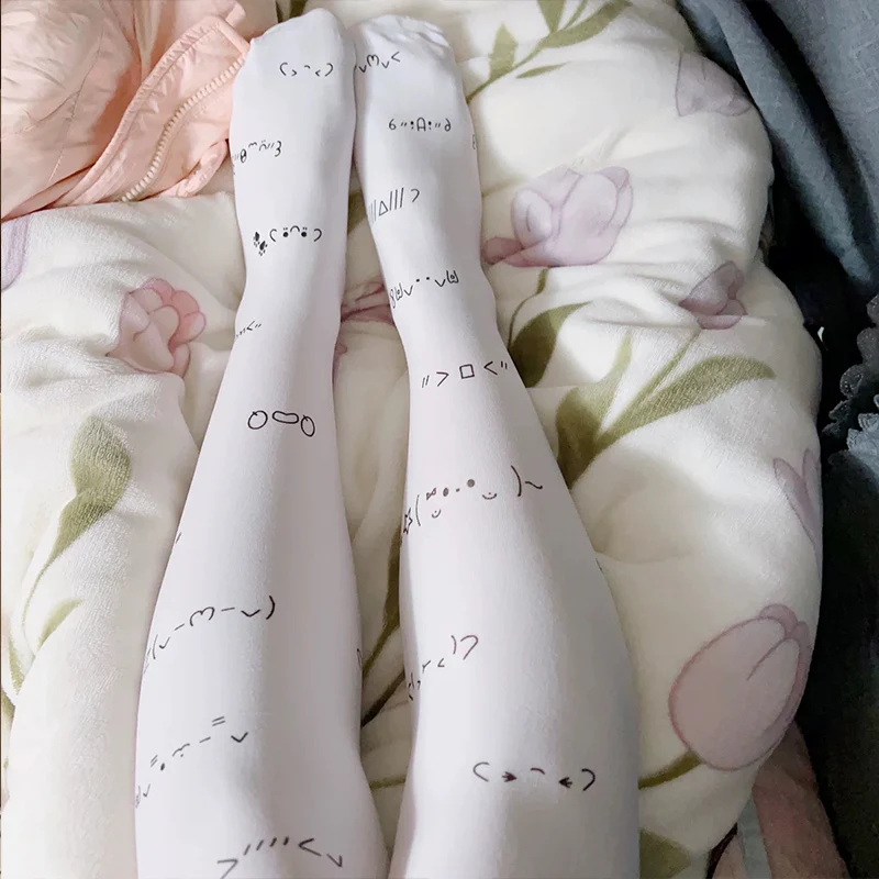 Kawaii Expression White Graffiti Letter Print Long Socks Japanese JK Harajuku Over Knee Thigh High Stockings Y2K Cosplay Socks