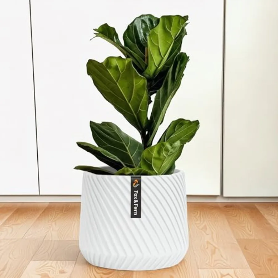 

Large Planter with Drainage Plug — Premium Polystone White Plant Pot - Modern Planter with 3D Texture and Ceramic Finish - Pots