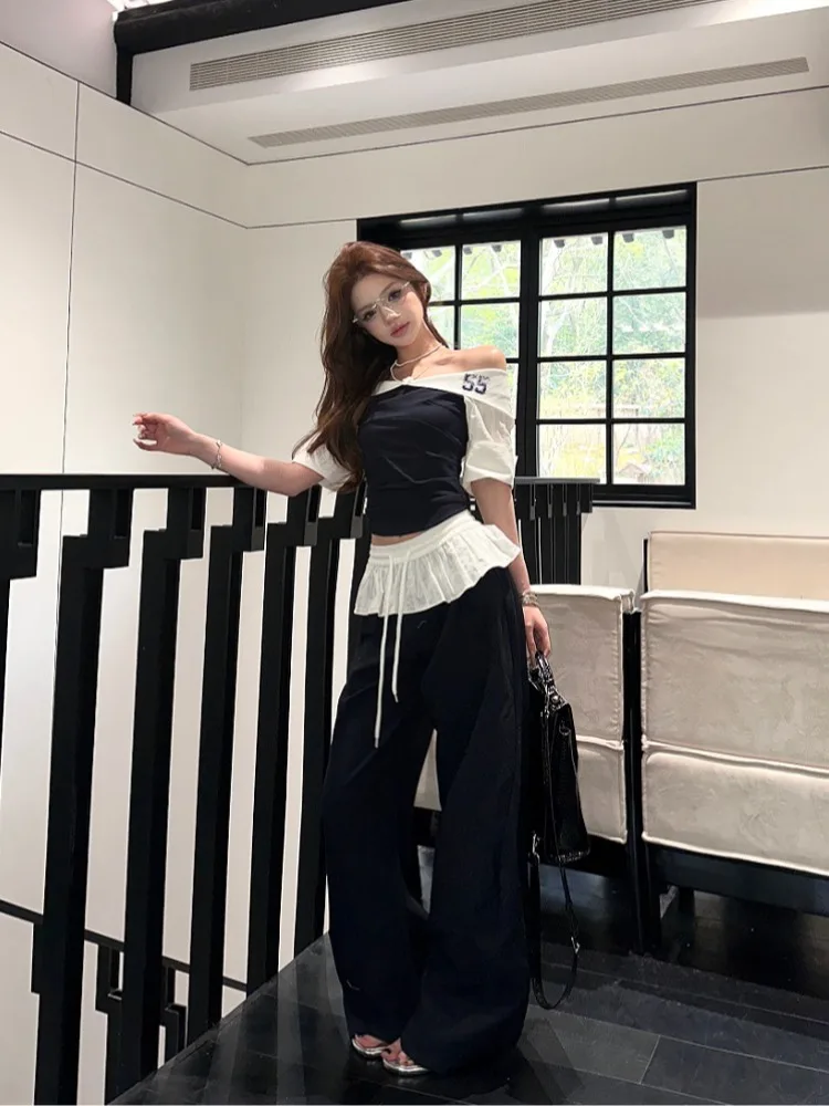 Summer Casual Wide Leg Pants And Short Sleeve T Shirt Set for Women One Shoulder Color Block Design with Lace Hem Two Piece Set