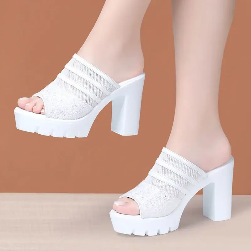 Small Size 32-43 Genuine Leather Shoes Summer Platform Slides 2024 Bling Block High Heels Slippers for Wedding Party Office