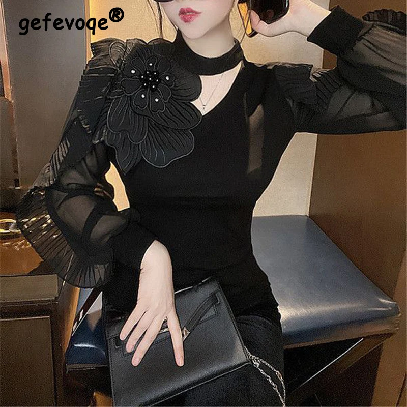 Women Stylish 3D Flower Design Sexy Hollow Sheer Blouses Elegant Chic Ruffles Slim Shirts Autumn Female Black Long Sleeve Tops