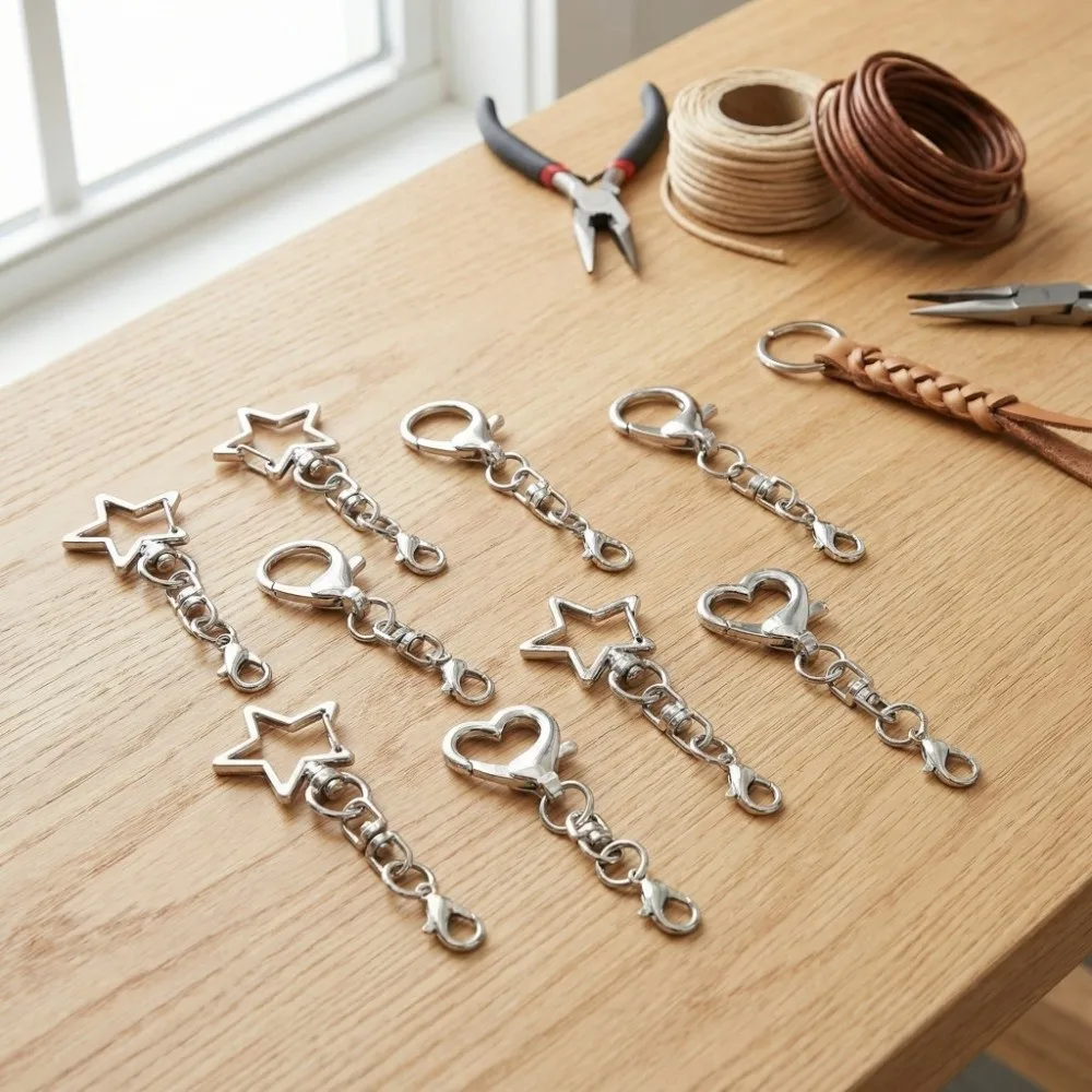10Pcs 360 Rotate Spring Snap Keychain Star Heart Pentagram Hollow Keyring Pendant Multi Styles with Chain Hanging Buckle
