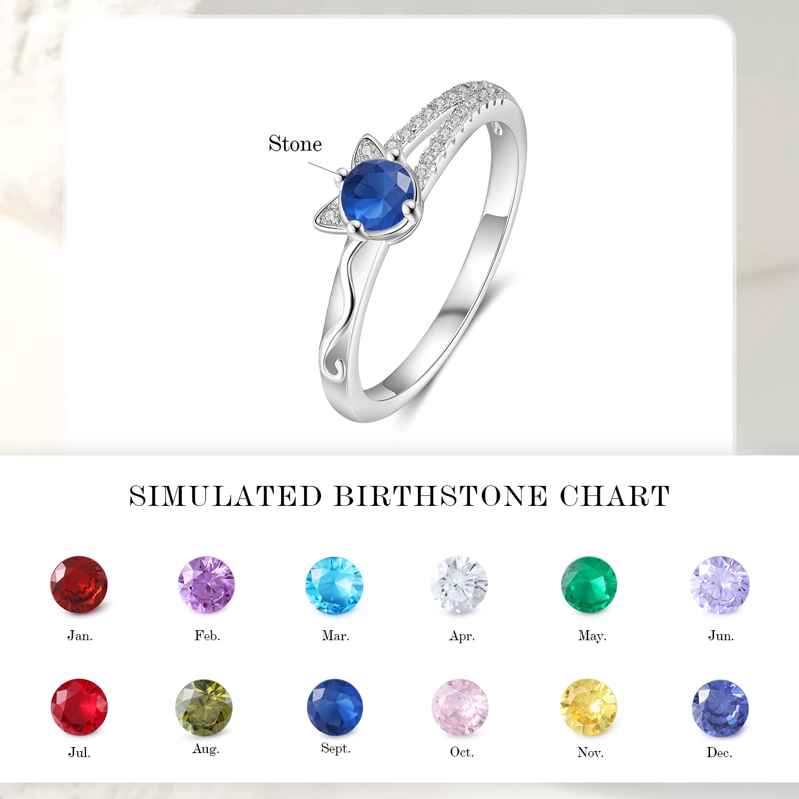 Personalized Cat Ring with Birthstone Custom Birth Month Ring with Cubic Zirconia Mother Day Christmas Anniversary Gift for her