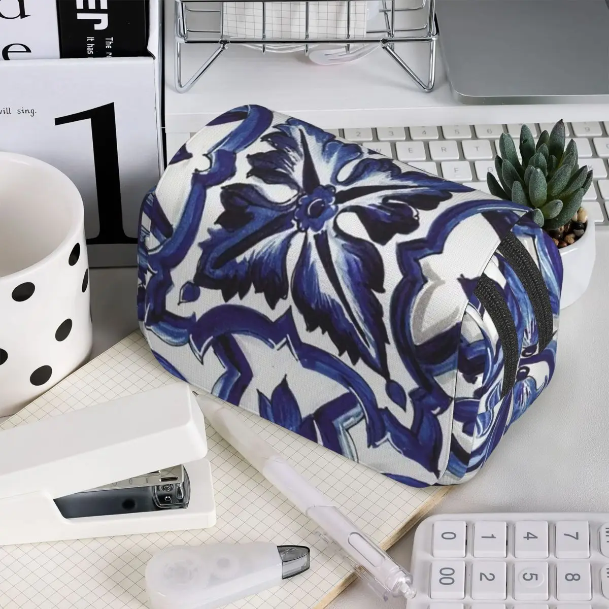 Blaues, verziertes, florales, mediterranes, sizilianisches Fliesen-Federmäppchen, Federmäppchen für die Schule, Federmäppchen, Schreibwaren, Stifthalter-Tasche