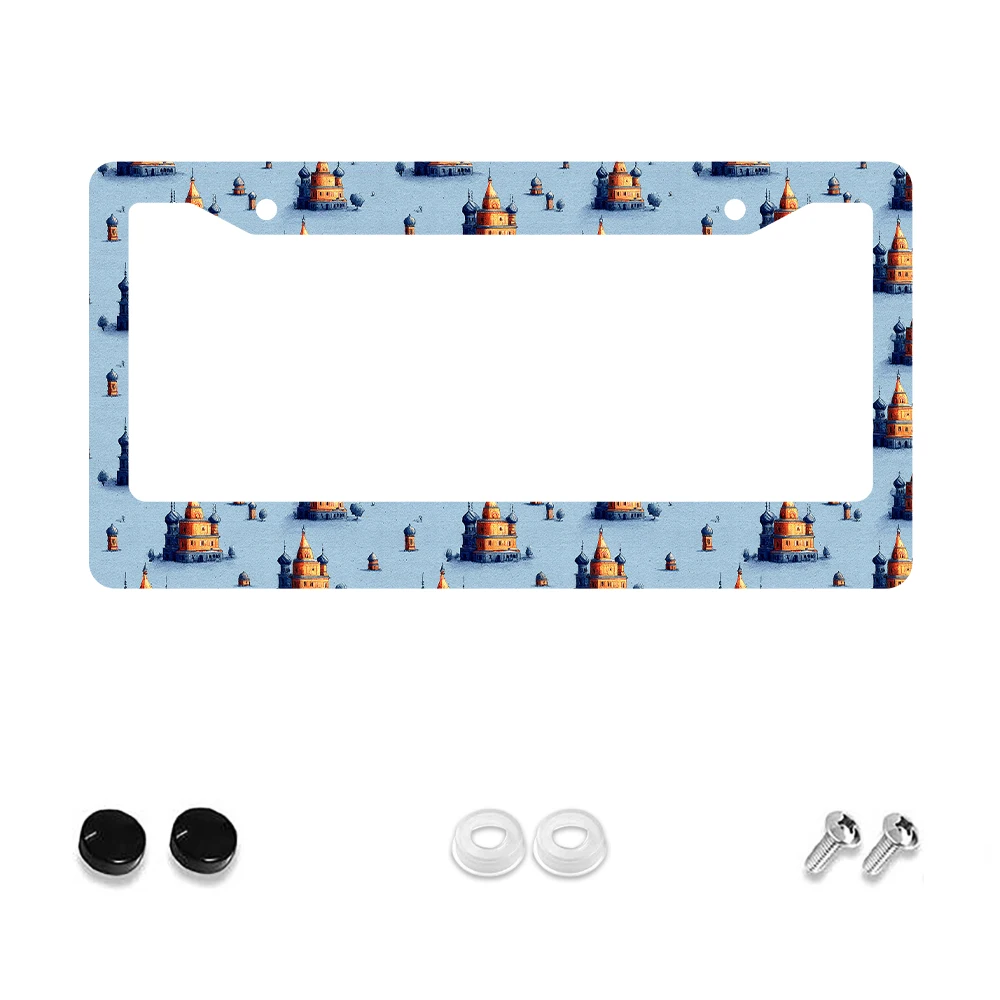 

1pc Retro Blue Castle Pattern 2-Hole License Plate Frame, Aluminum Material, 6x12 Inches, with Screw Set, Unique Car Decoration