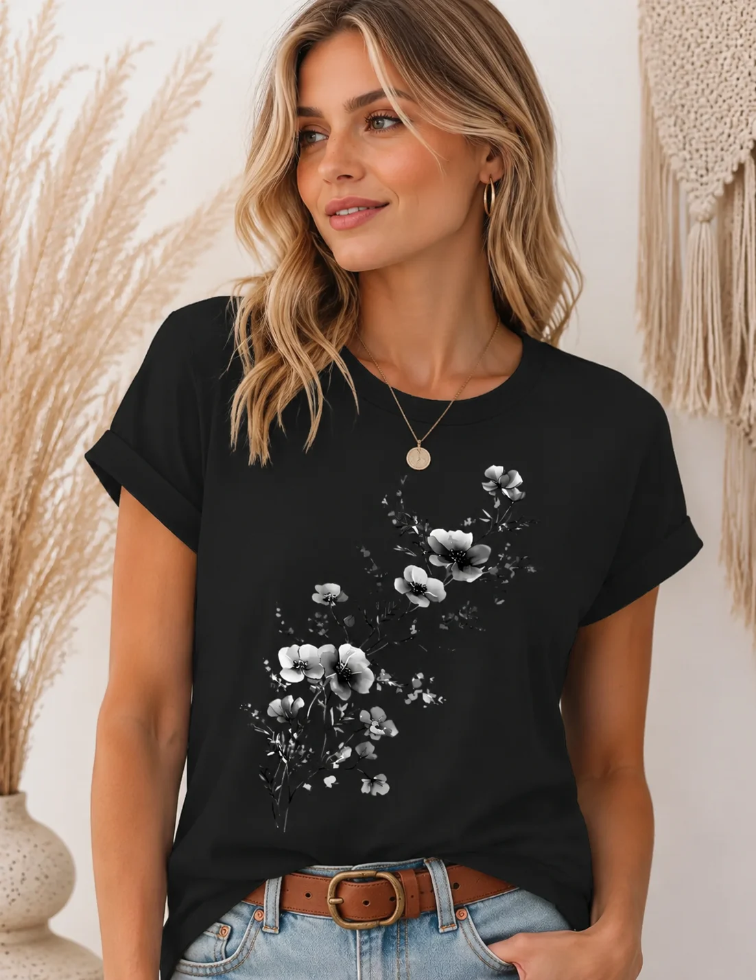 Elegant Floral Branch Print Casual Women's T-Shirt Crew Neck Short Sleeve Tee Fashion Harajuku Kawaii T-shirt Y2K Women Clothing
