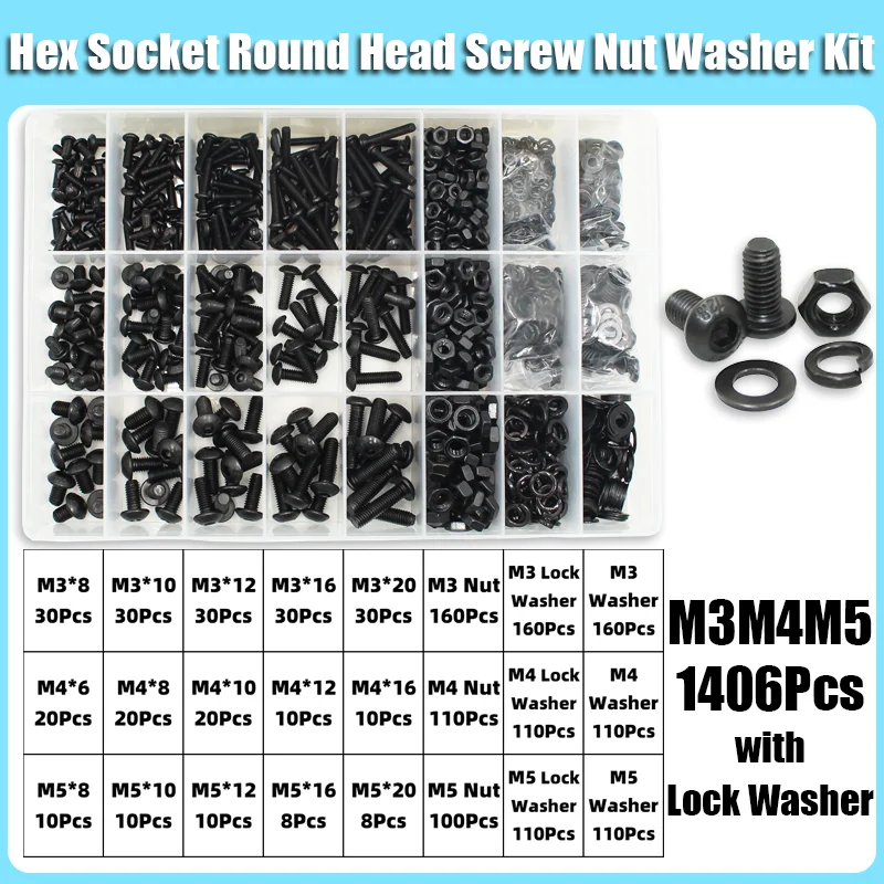 Komplettes 2510-teiliges M2 M2.5 M3 M4 M5 M6 Rundkopf-Innensechskantschrauben-Set 1840 10.9 Güteklasse Schwarze Innensechskant-Knopfkopfschrauben ISO7380 – Detail 7
