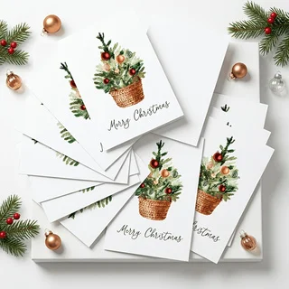 Christmas Greeting Cards 5/10 Pack Flat Holiday Note Cards Watercolor Christmas Tree Design Single Sided Blank Back for Personal