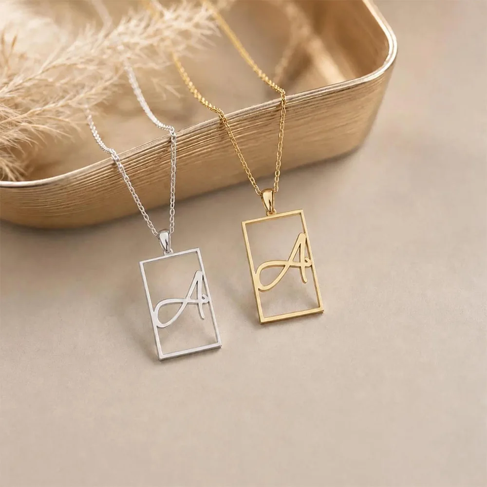Personalized customization A-Z pendant necklace with hollow rectangular frame stainless steel necklace exquisite jewelry gift