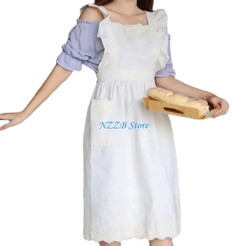 

T21F Women Vintage Lace Trim Ruffle Apron with Pockets Cooking Apron Pinafore Dress