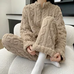 Conjunto de 2 peças engrossado quente moda coral veludo pijamas outono inverno acolchoado senhoras casual elástico listrado confortável homewear