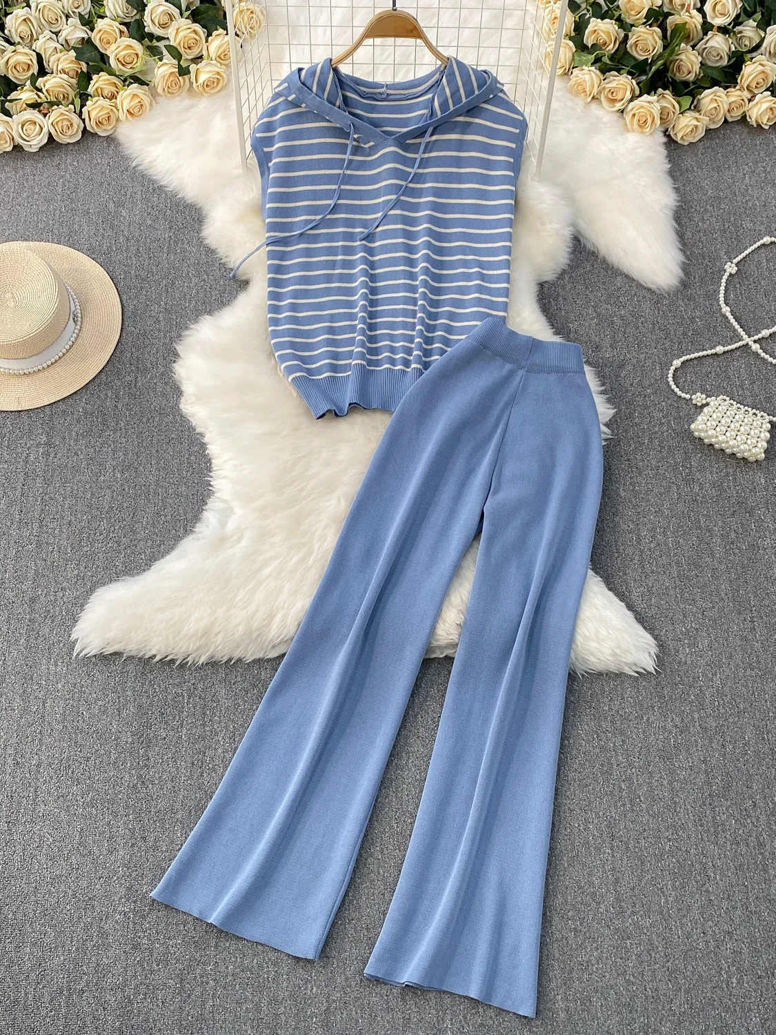 

Faionable Summer Stripe Loose Casual Svel Hoodie Knitted Top High Waist Wide Leg Pants Women's Two-Piece Set