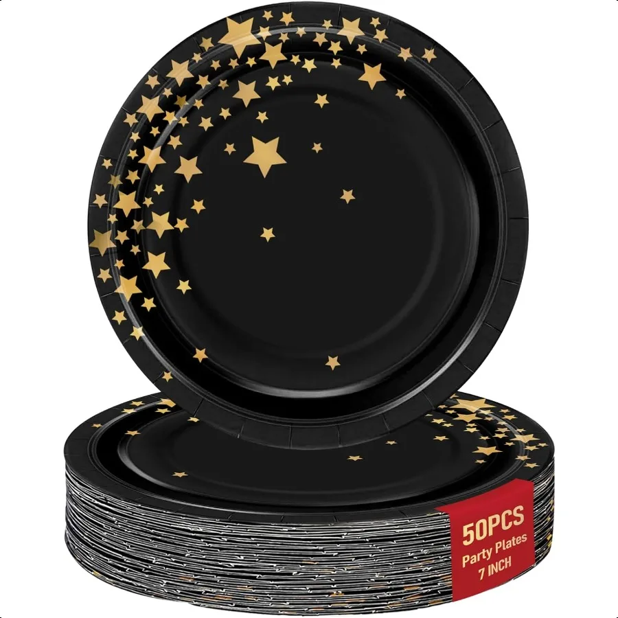 

Черно-золотые бумажные тарелки из деферта, 7-дюймовые тарелки для торта с золотой звездой, красивые вечерние мушки для дня рождения, свадьбы, помолвки, годовщины