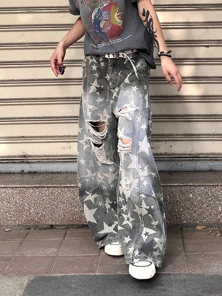 ReddaChic Star Camouflage Wide Leg Jeans for Men Skater Retro Denim Ripped Holes Wide Leg Barrel Baggy Pants Punk Y2k Streetwear