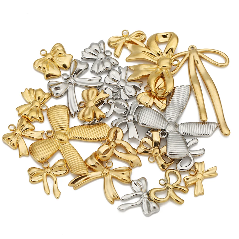 5pcs Stainless Steel Bow Knot Charm Waterproof Gold Color Bow Pendants for DIY Earring Bracelet Necklace Jewelry Making Supplies