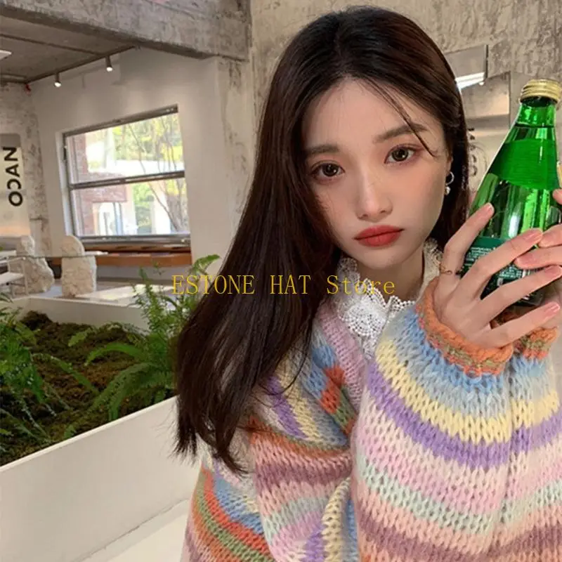 49MF Women Harajuku Rainbow Striped Knit Midi Cardigan Long Sleeve V-Neck Open Front Oversized Loose Sweater Coat Outwear