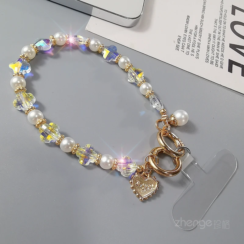 

Четырехлистная клеверная кристаллическая цепочка для мобильного телефона для женщин, модная веревка ручной работы на запястье с защитой от потери короткого телефона