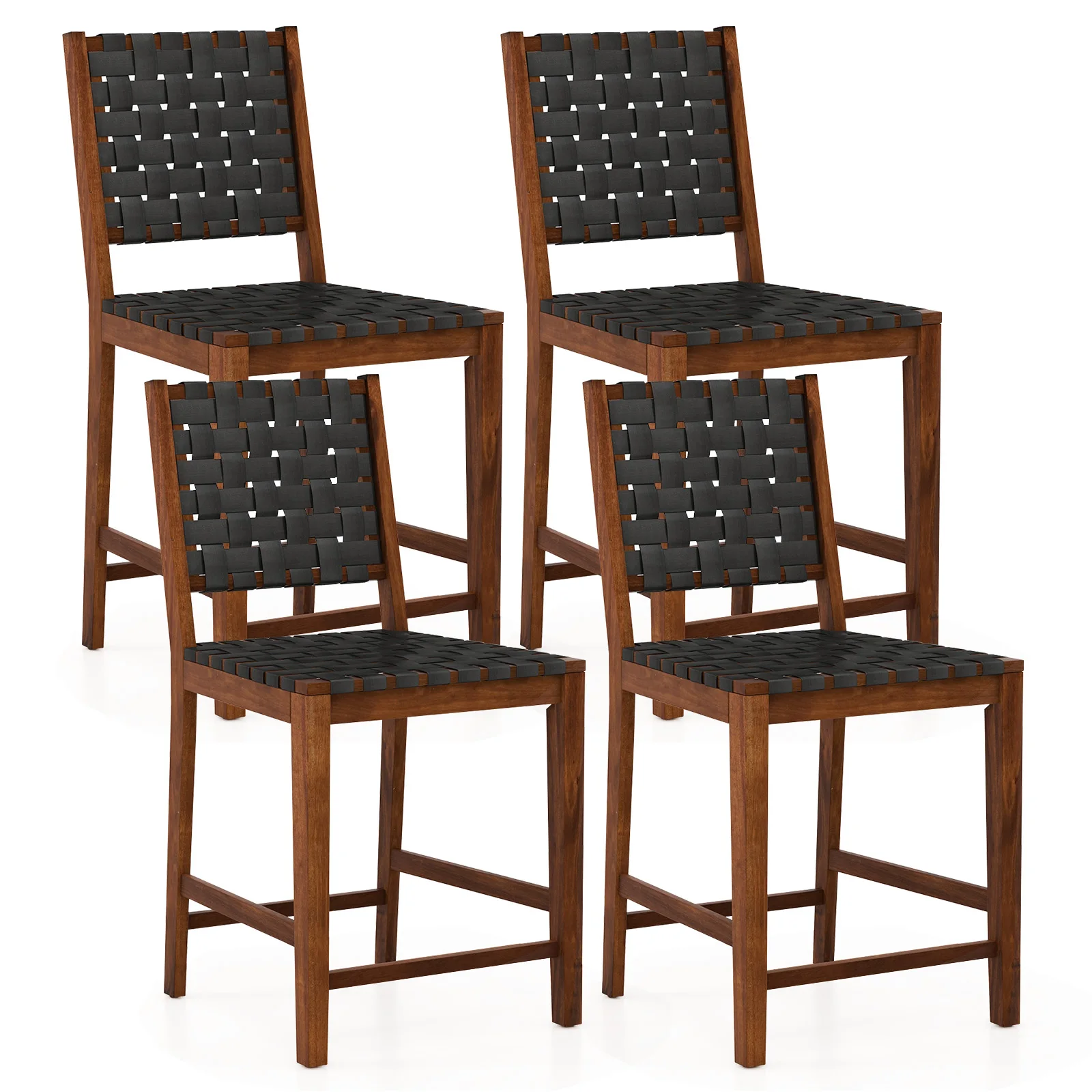 Woven Bar Stools Set of 4 Counter Height Dining Chairs Faux PU Leather Kitchen